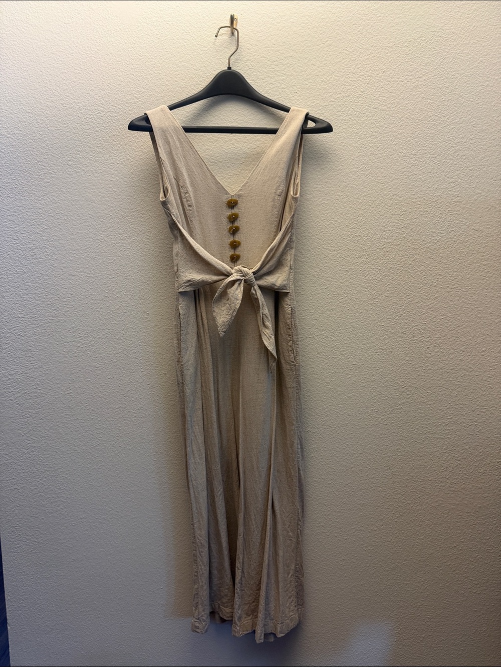 Maeve Sleeveless Tie-Front Maxi Dress in Beige with Button Detail
